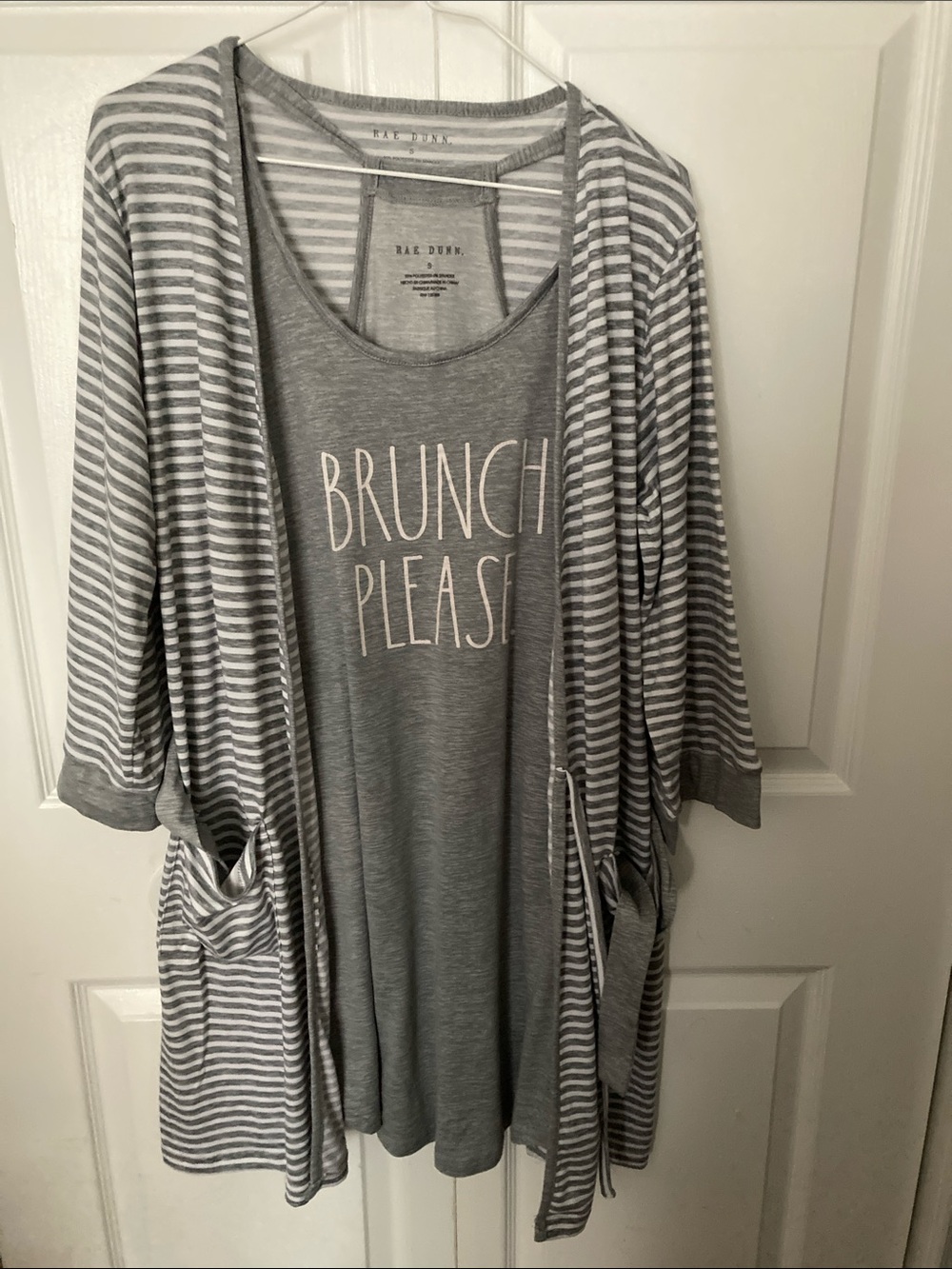 Rae Dunn Gray Striped Cardigan and 'BRUNCH PLEASE' Tank Set
